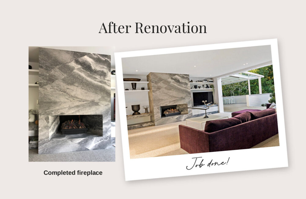 After Renovation Image. Shows 2 images. The completed renovated gas fireplace with marble. The gas fireplace in the lounge setting.