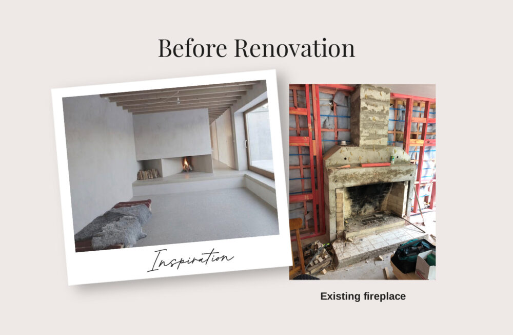 Renovation of a gas fireplace. Shows 2 images before renovation. One image is inspiration of a modern concrete style fireplace. Second image shows existing old, traditional fireplace, exposed brick and timber framework.