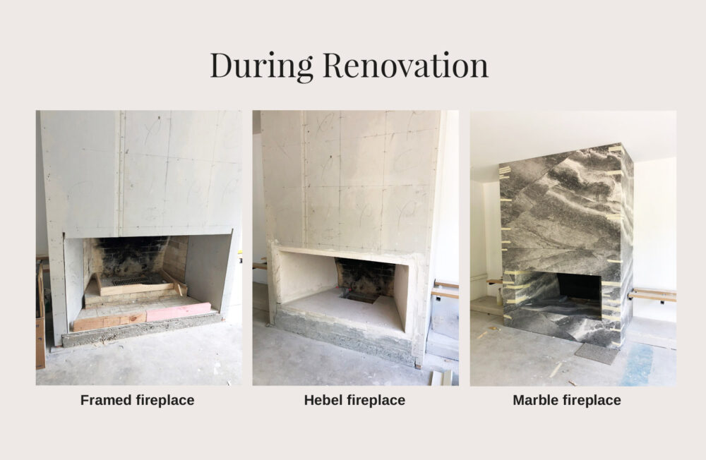 Renovation of a gas fireplace. Shows 3 images during renovation: a framed fireplace, a fireplace with cement board and Hebel, and a fireplace with marble sheets.